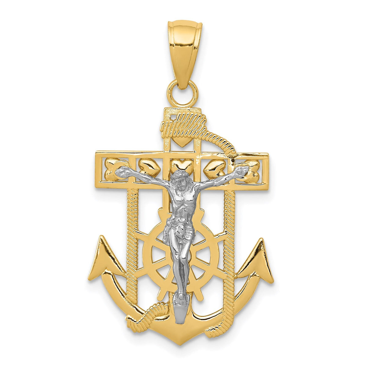 14k Two-Tone Gold Crucifix Anchor Pendant with Rope Detail and Ship Wheel Motif