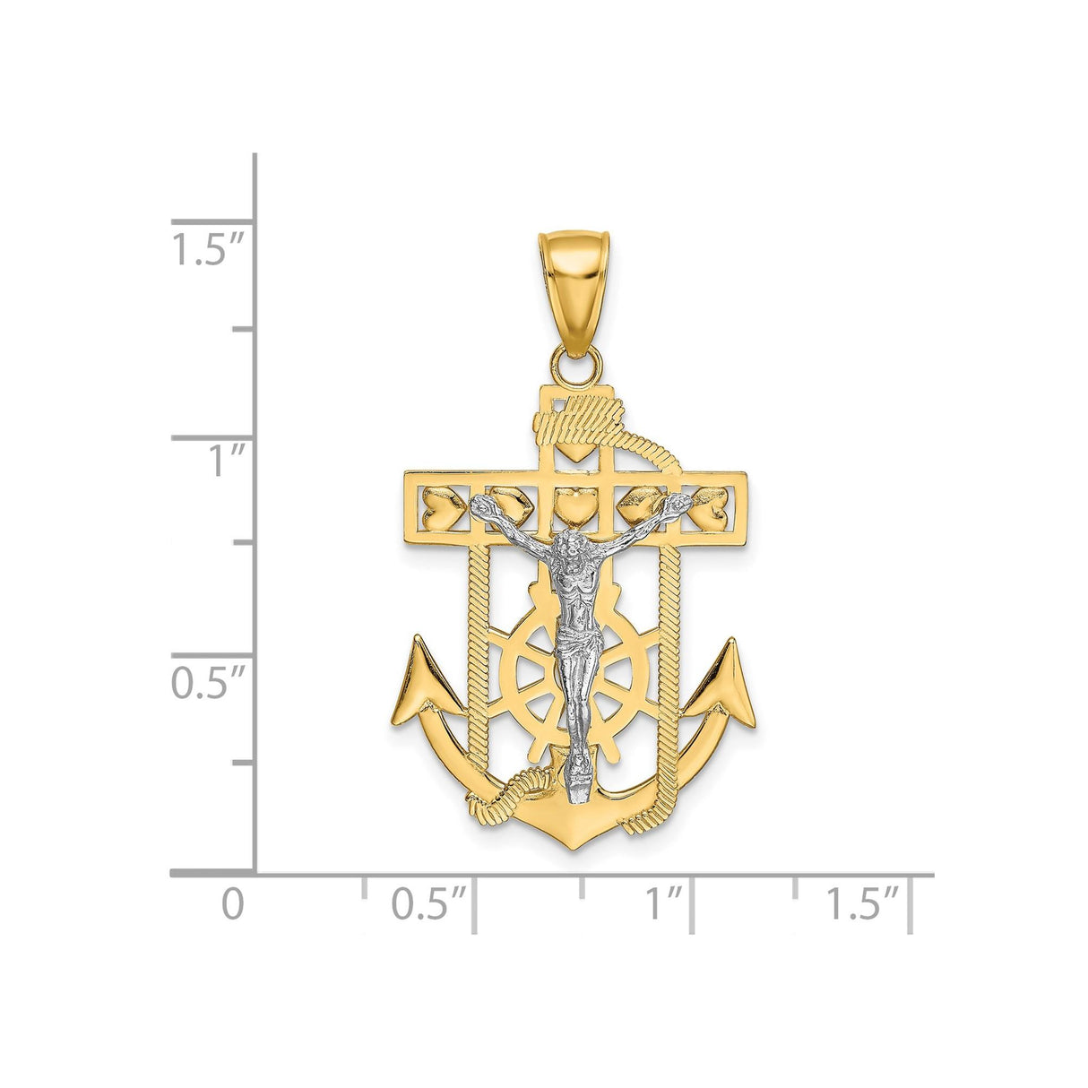 14k Multi-Tone Gold Crucifix Cross Pendant with Rope Border and Anchor Design