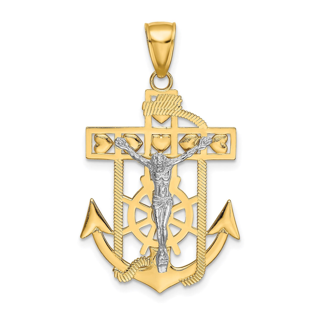 14k Multi-Tone Gold Crucifix Cross Pendant with Rope Border and Anchor Design