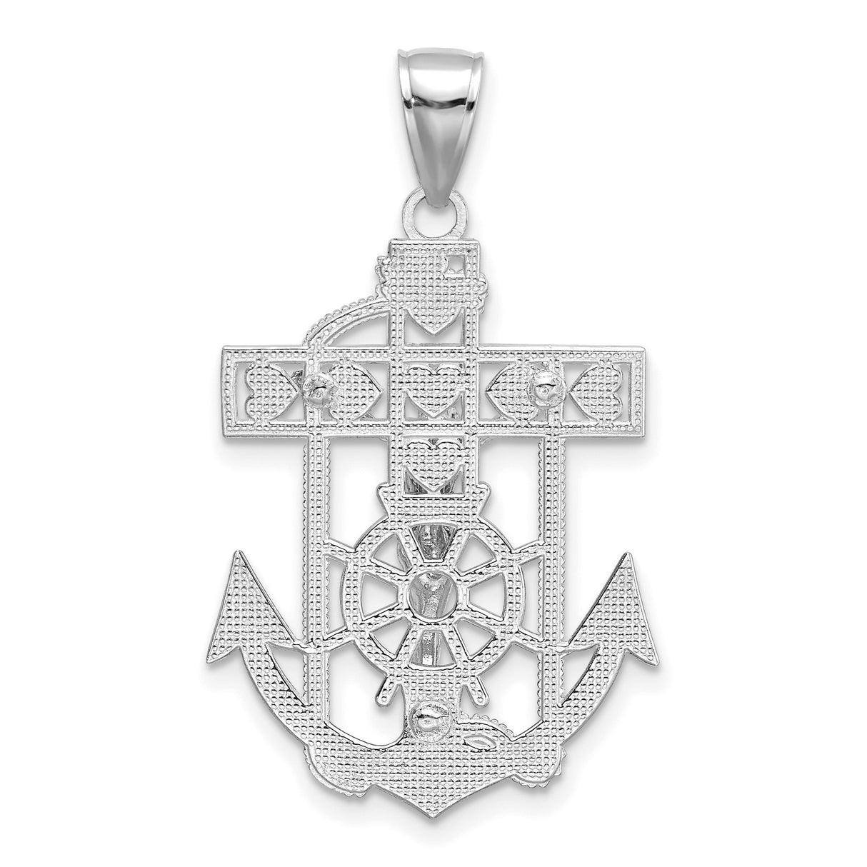14k White Gold Crucifix Anchor Cross Pendant with Rope Detail, Nautical Christian Charm