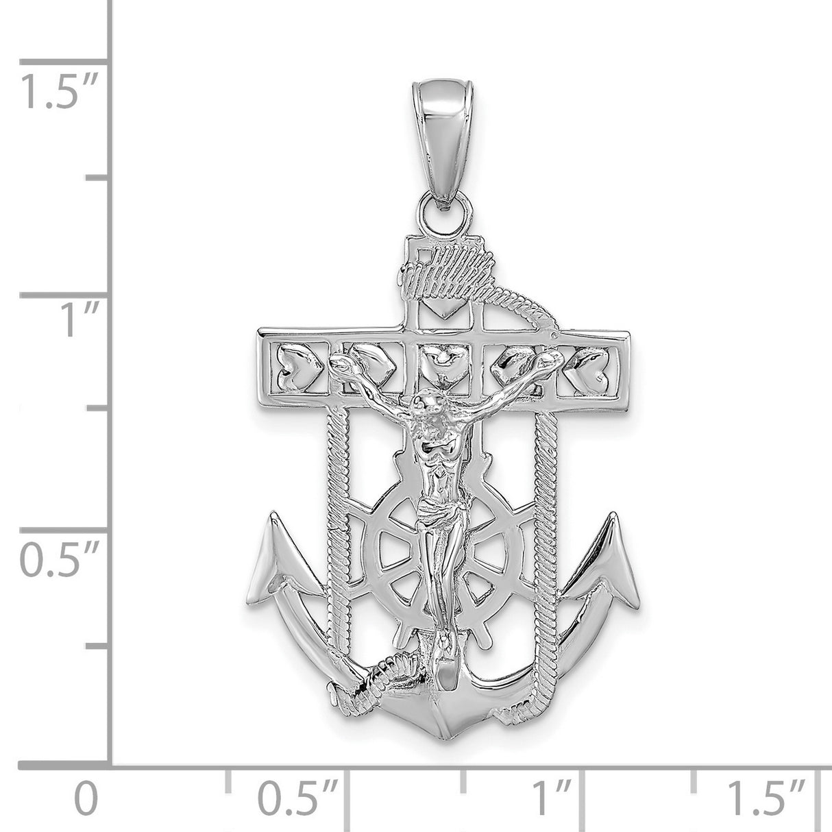 14k White Gold Crucifix Anchor Cross Pendant with Rope Detail, Nautical Christian Charm