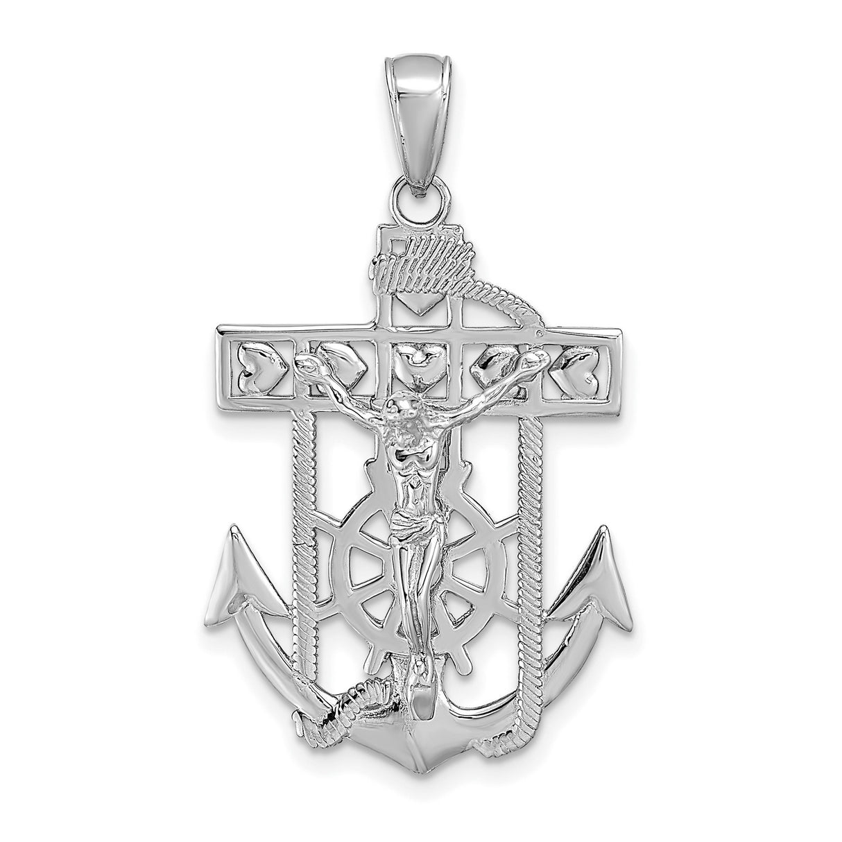 14k White Gold Crucifix Anchor Cross Pendant with Rope Detail, Nautical Christian Charm