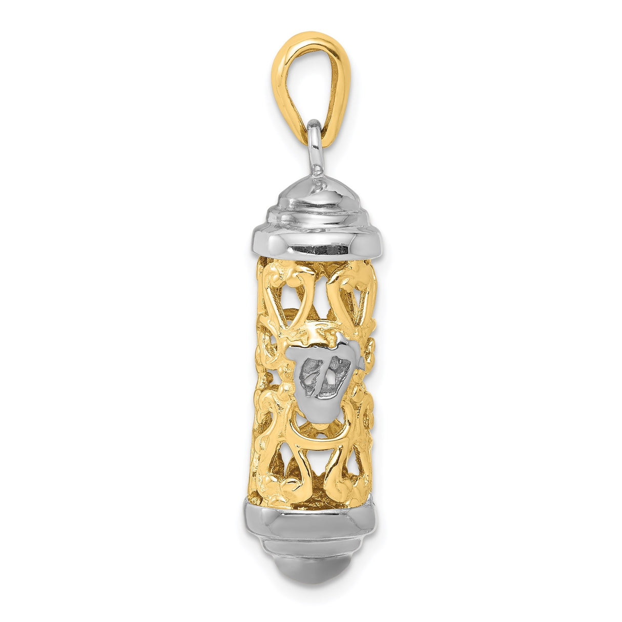 14k Two-Tone Gold Mezuzah Pendant with Filigree and Shin Symbol