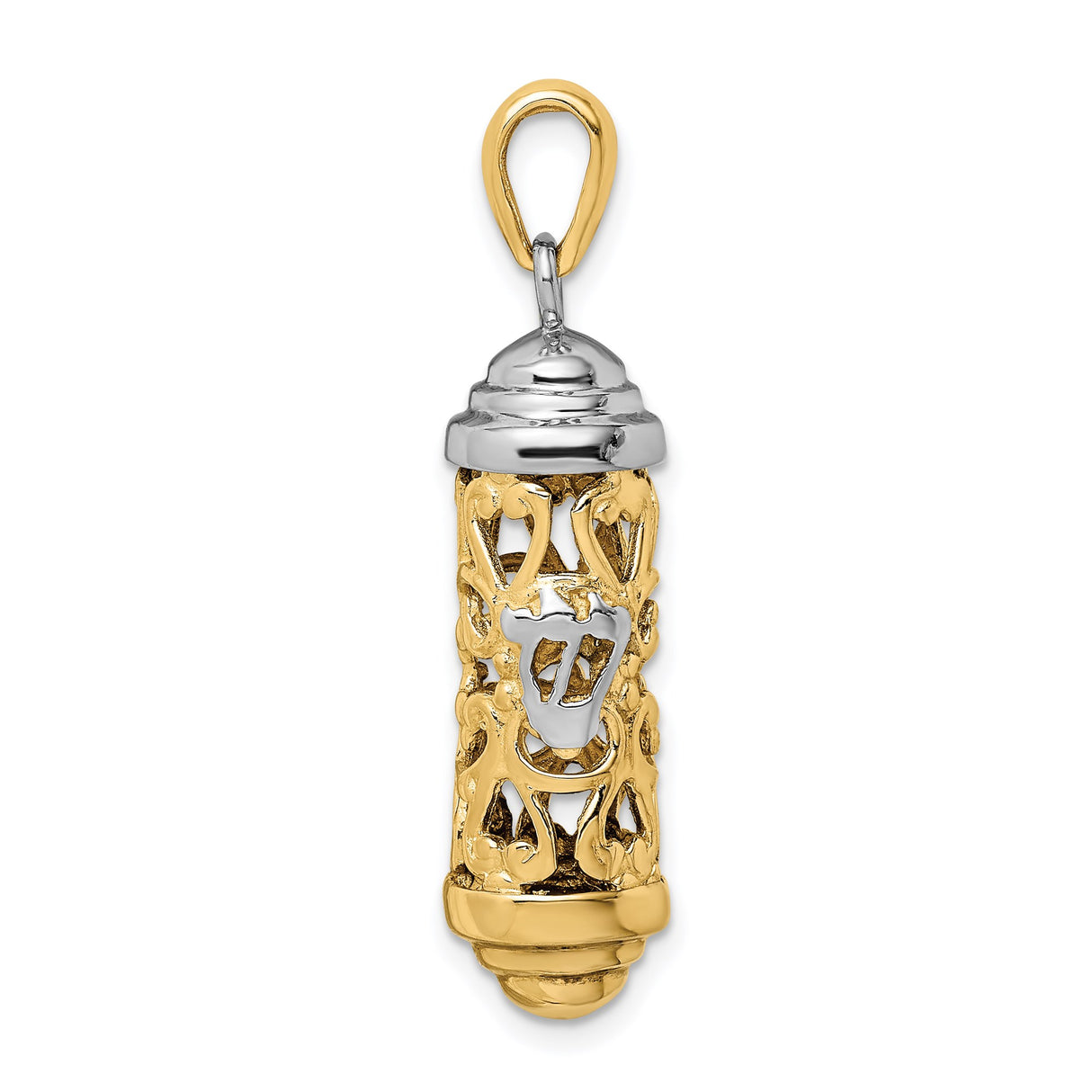 14k Two-Tone Gold Mezuzah Pendant with Filigree and Shin Symbol
