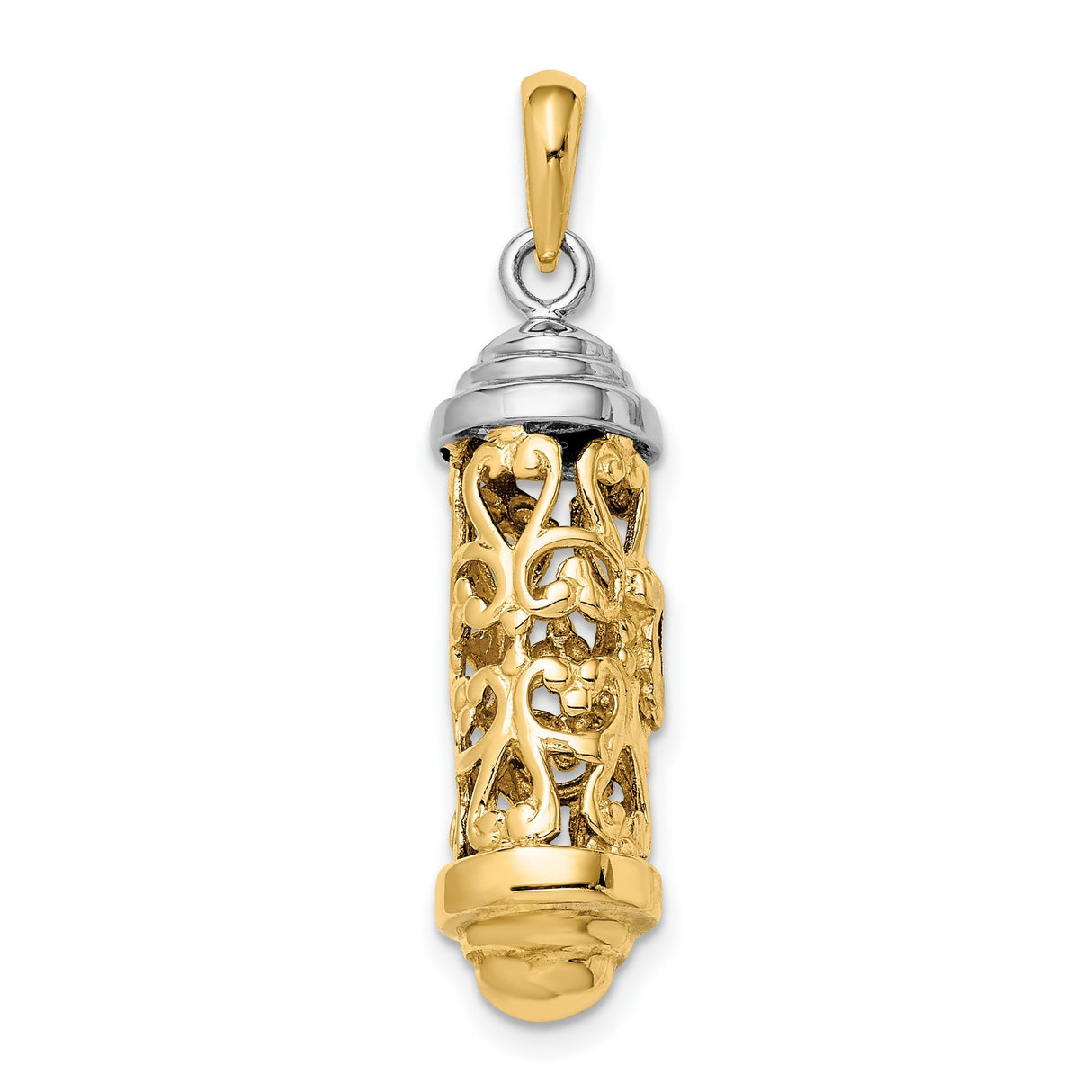14k Two-Tone Gold Mezuzah Pendant with Filigree and Shin Symbol