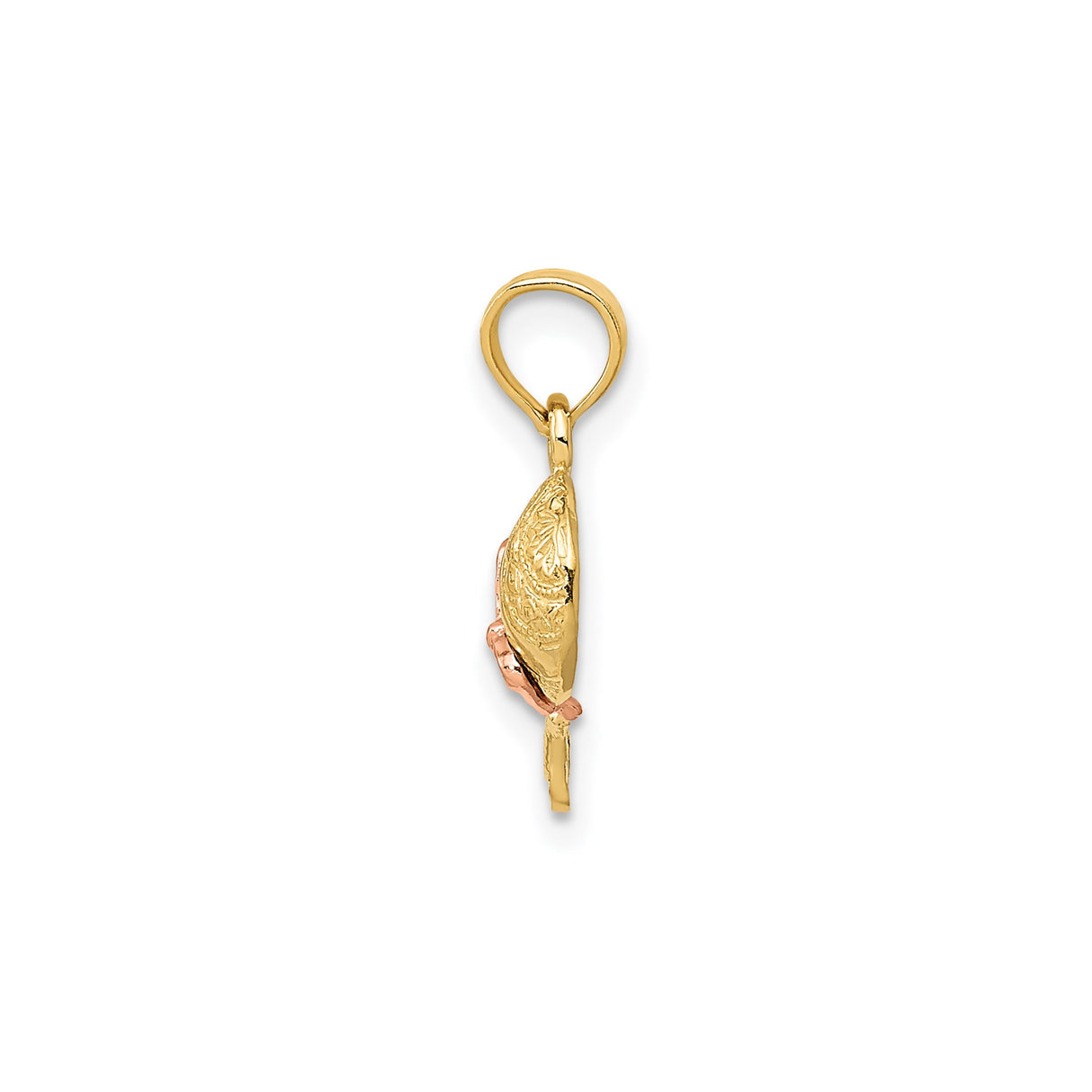14k Two-Tone Gold Baby Rattle Pendant with Rose Gold Bow Accent, Maternity Keepsake Charm