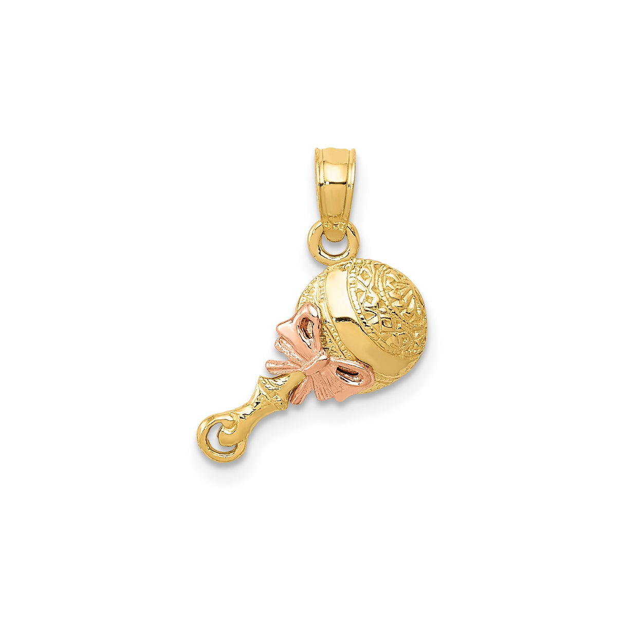 14k Two-Tone Gold Baby Rattle Pendant with Rose Gold Bow Accent, Maternity Keepsake Charm