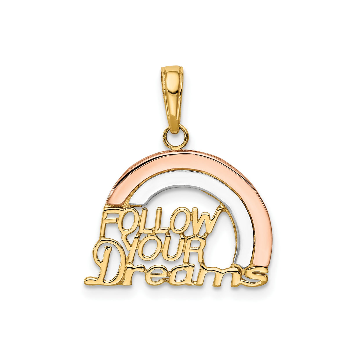 14k Two-Tone Gold Rainbow Follow Your Dreams Pendant, Inspirational Charm for Women and Teens