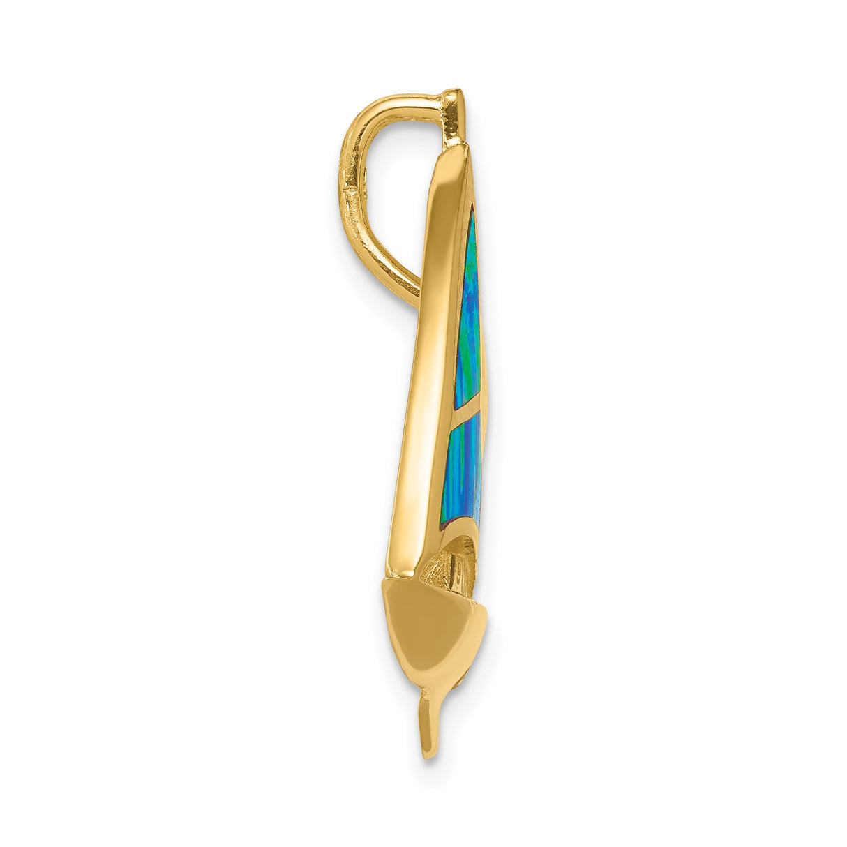 14k Yellow Gold Sailboat Pendant with Blue Green Lab Created Opal Inlay, Nautical Jewelry