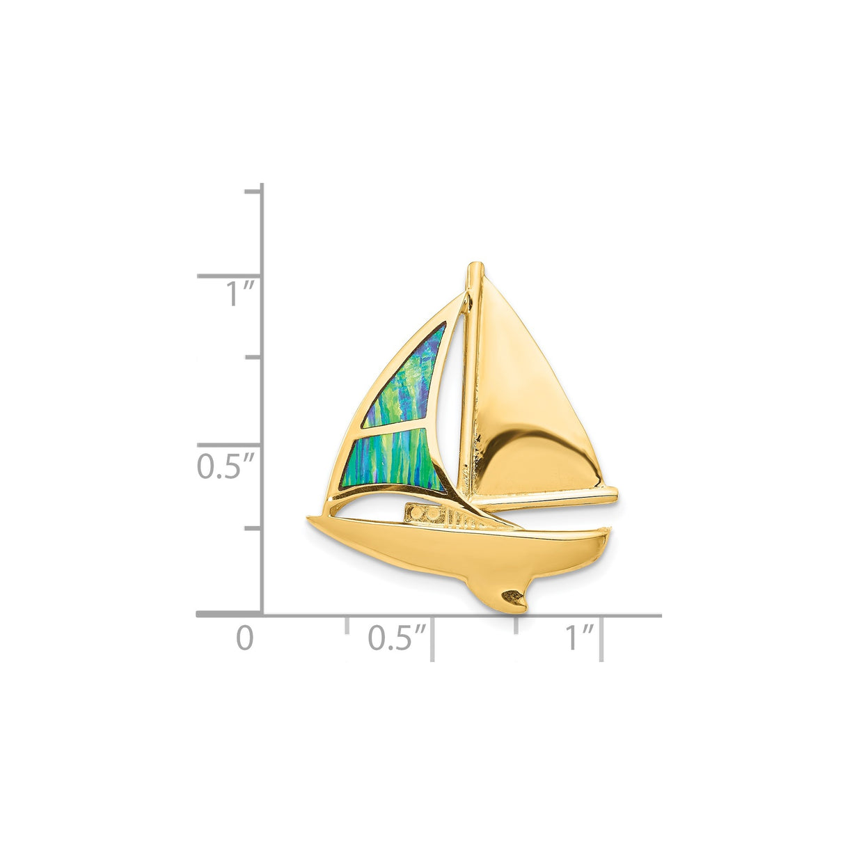 14k Yellow Gold Sailboat Pendant with Blue Green Lab Created Opal Inlay, Nautical Jewelry