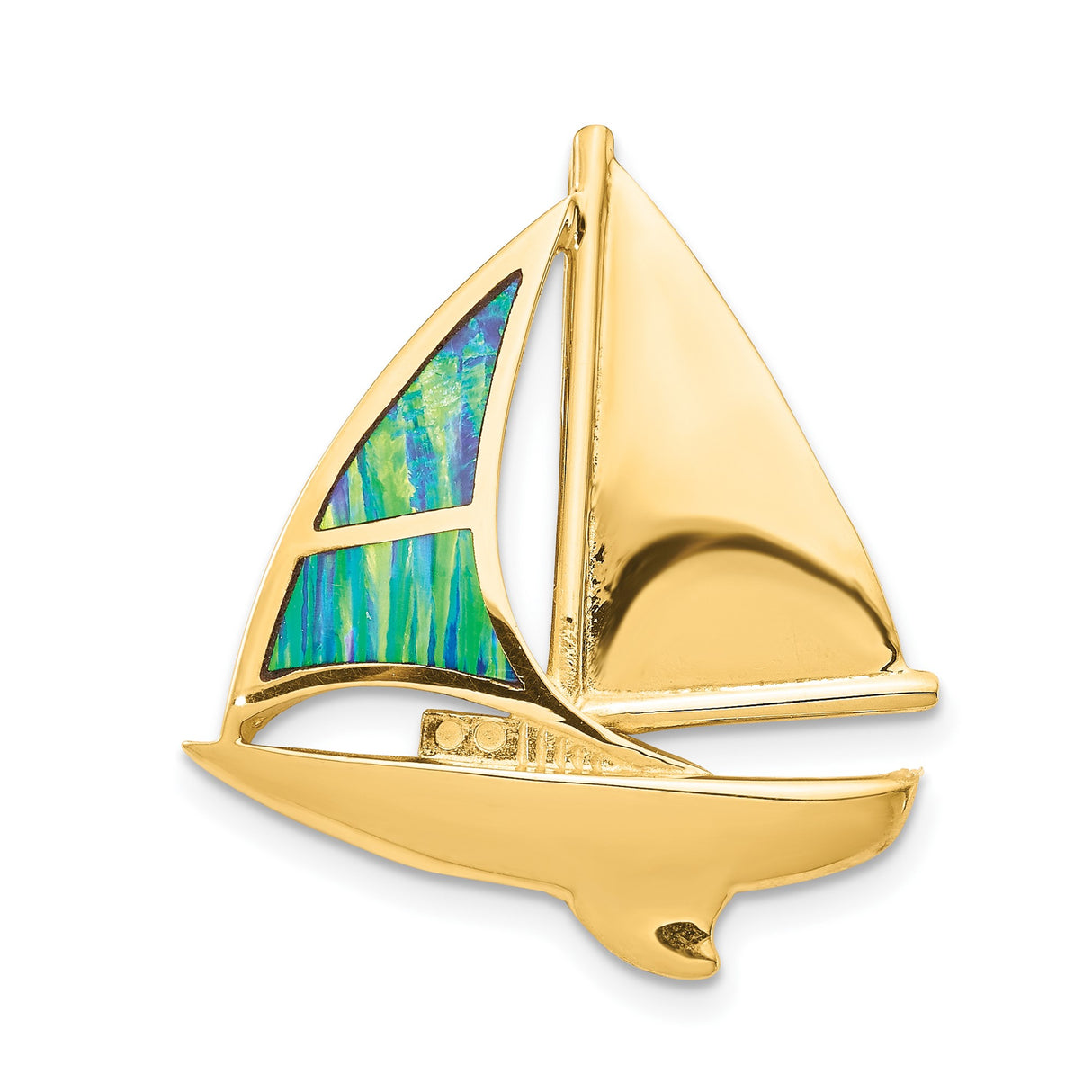 14k Yellow Gold Sailboat Pendant with Blue Green Lab Created Opal Inlay, Nautical Jewelry