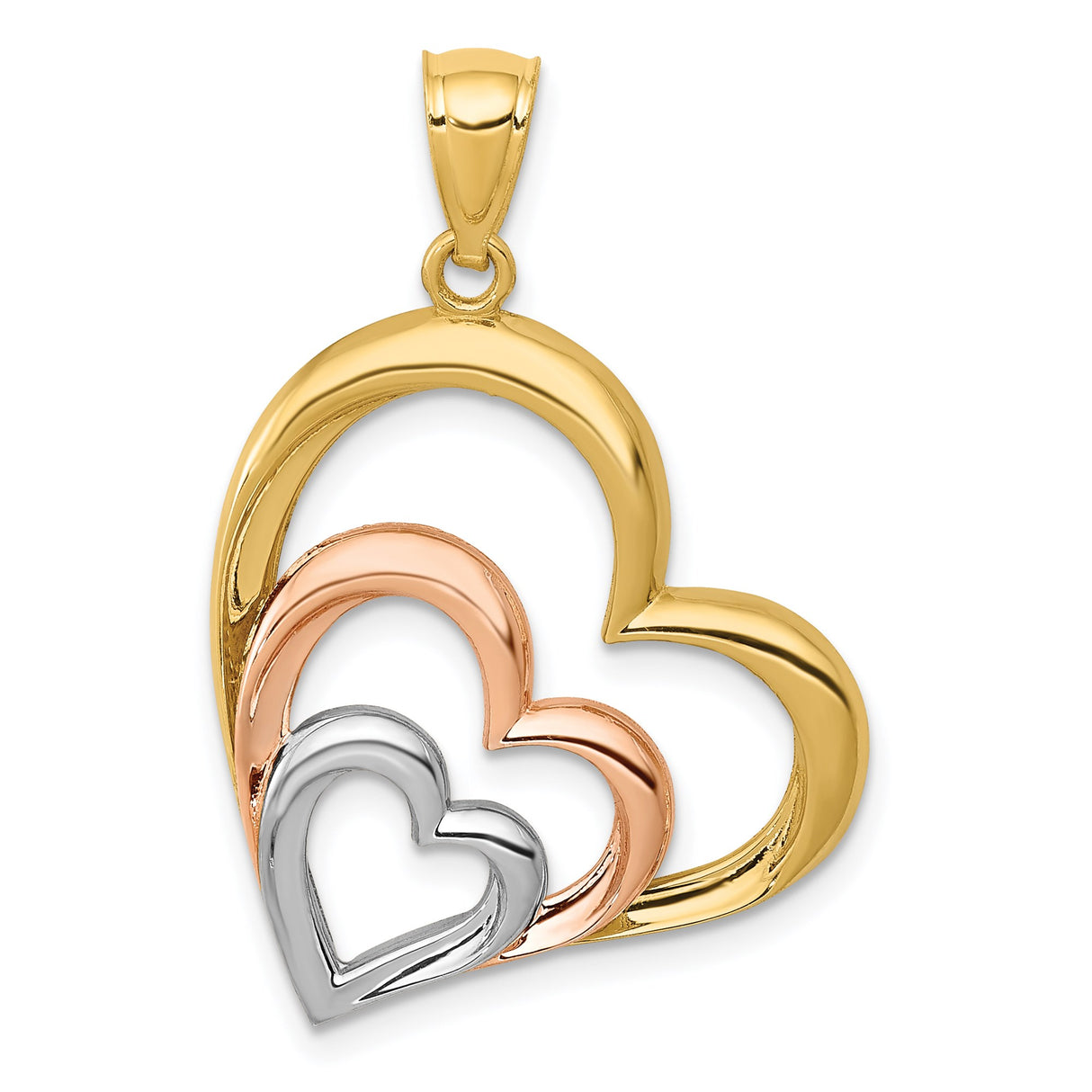 14k Two-Tone Gold Heart Pendant with Interlocking Rose, Yellow, and White Gold Hearts