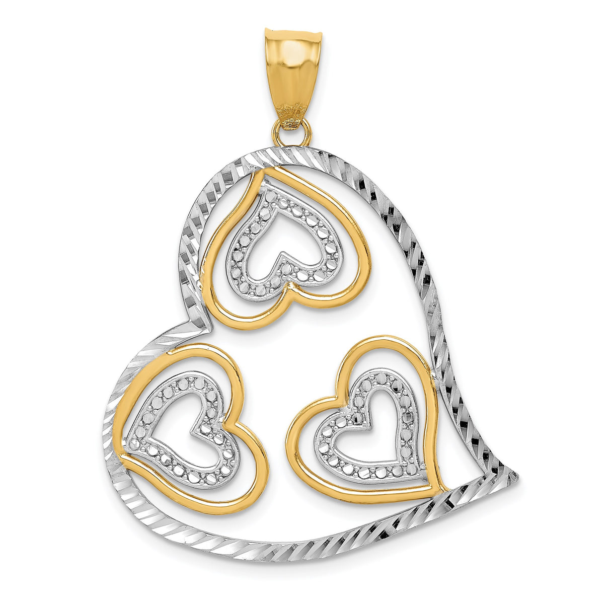 14k Multi-Tone Gold Heart Pendant with Rhodium Layered Hearts, Open Design