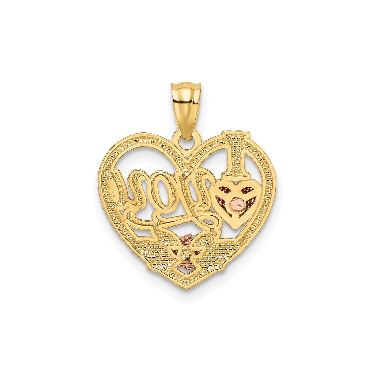 14k Multi-Tone Gold Heart Pendant with Script I Love You Message and Floral Accents