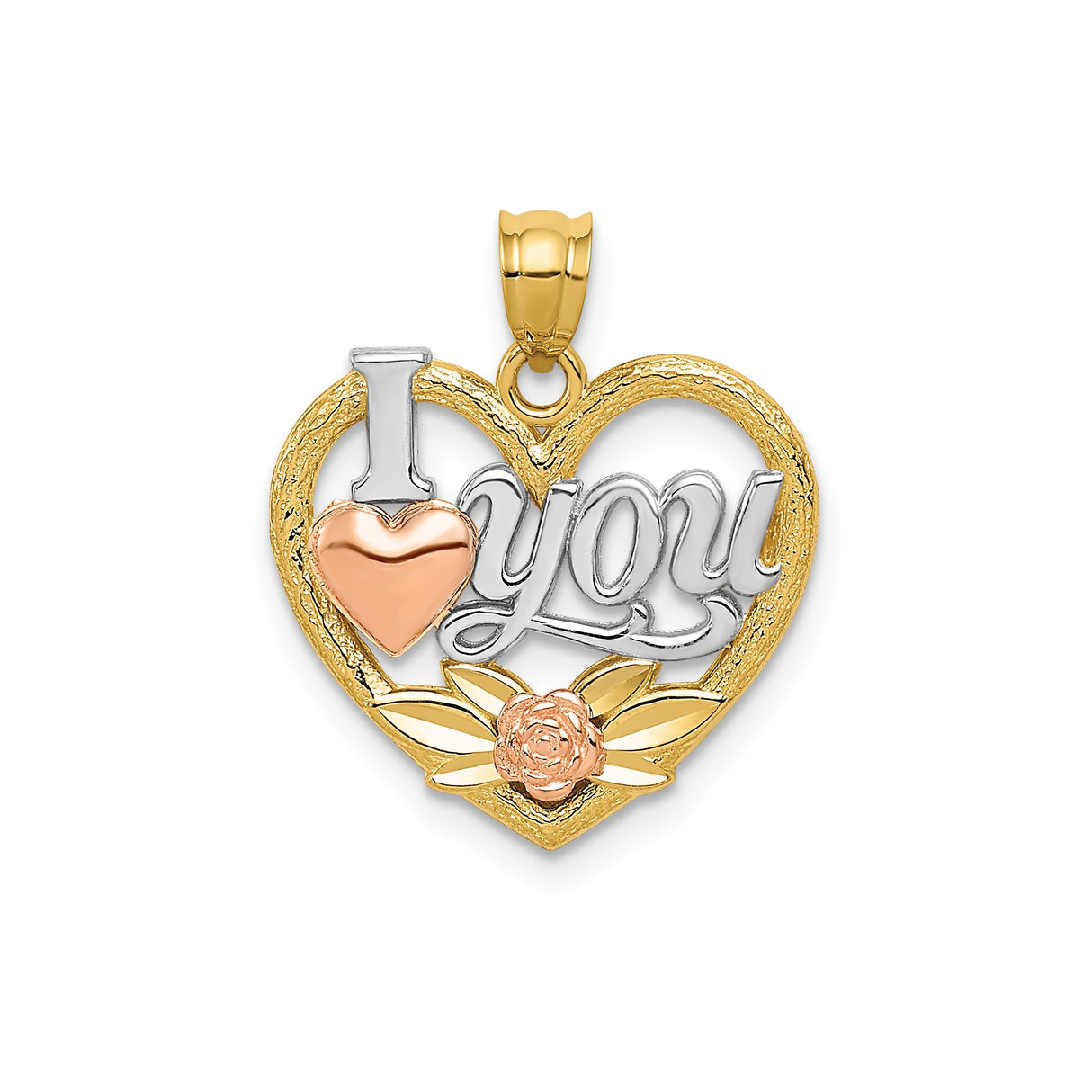 14k Multi-Tone Gold Heart Pendant with Script I Love You Message and Floral Accents