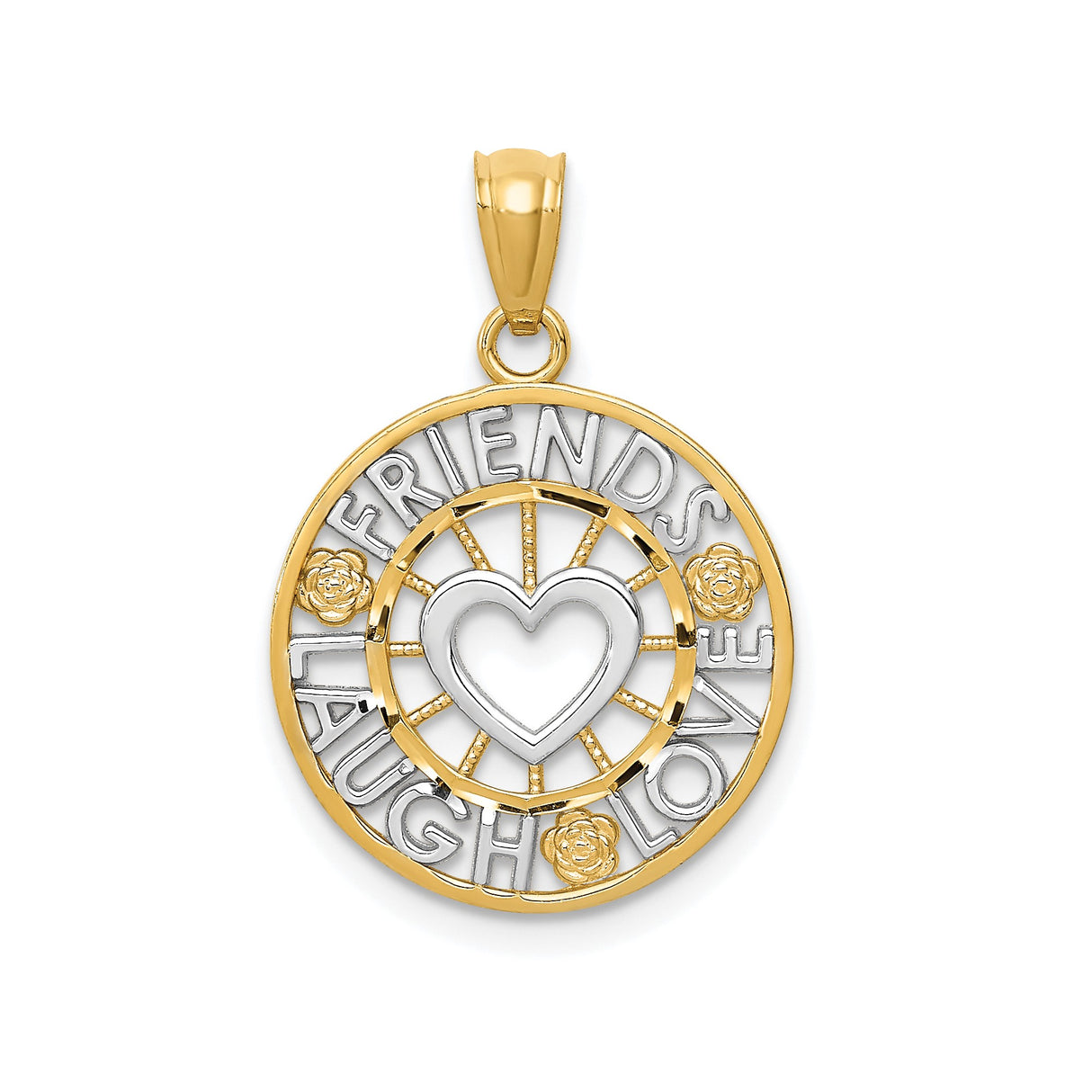 14k Two-Tone Gold Pendant with Heart Laugh Love Friends Design, Circle Rose Charm for Women