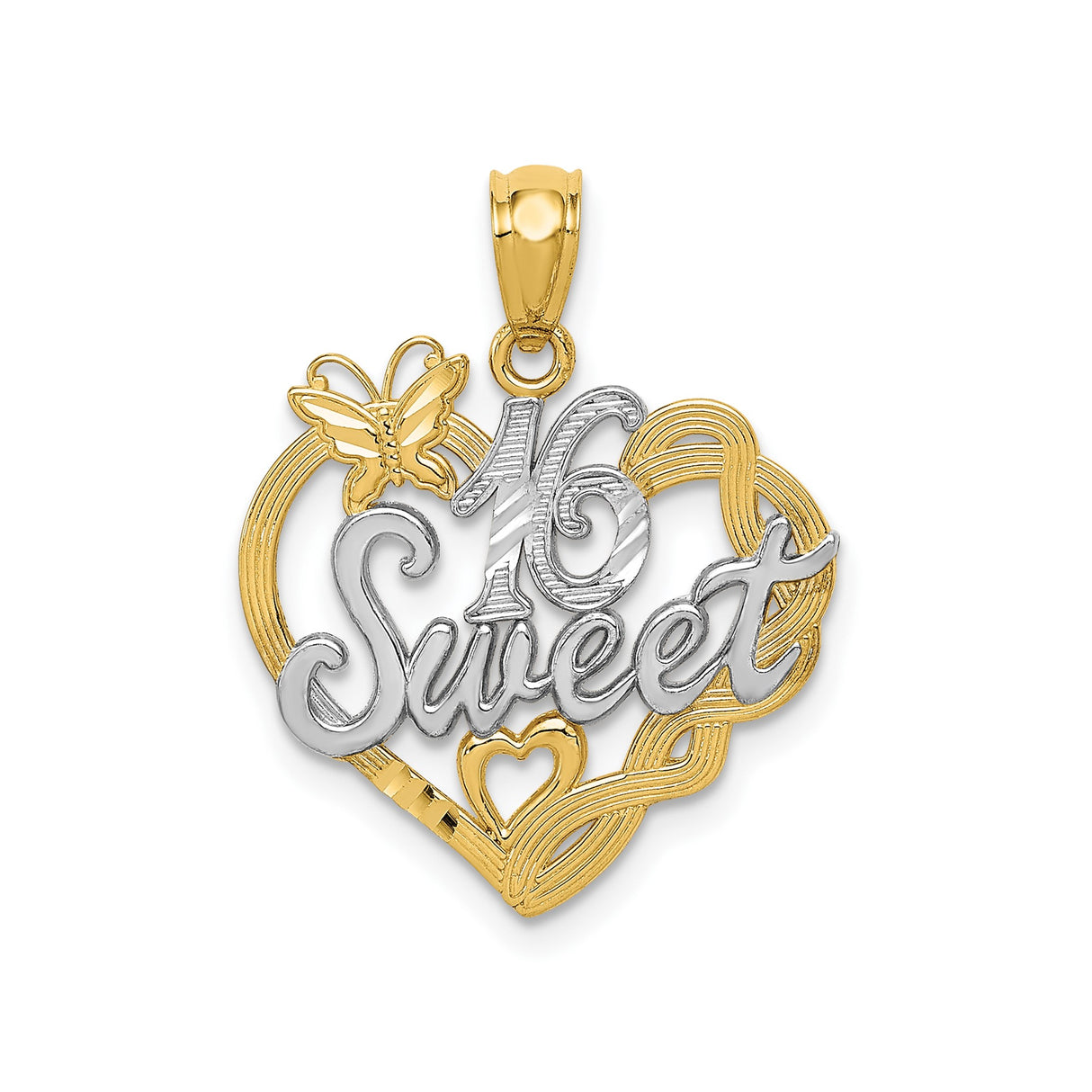 14k Two-Tone Gold Heart Pendant with Butterfly and Sweet 16 Design