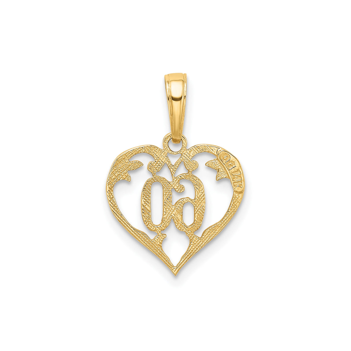 14k Yellow Gold Heart Pendant with Script 60, Filigree Design for Women