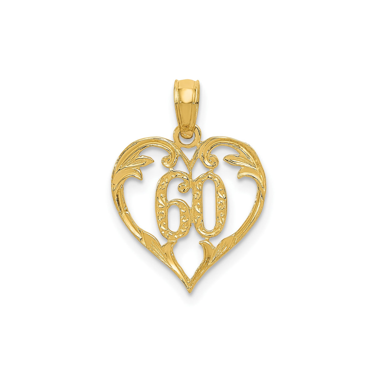 14k Yellow Gold Heart Pendant with Script 60, Filigree Design for Women