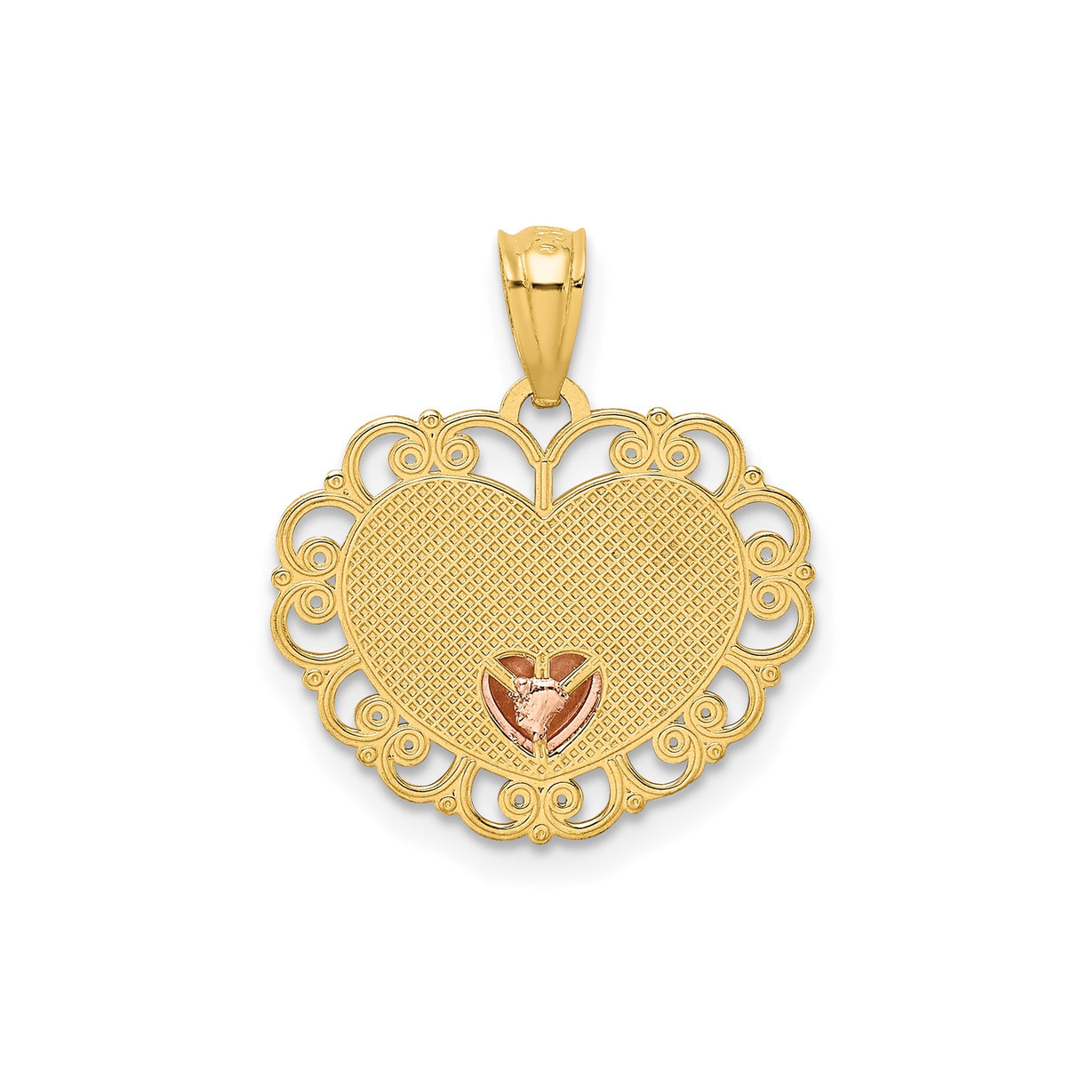 14k Two-Tone Gold Heart Pendant with Rose Gold Accent and Filigree Edge, Mom Charm