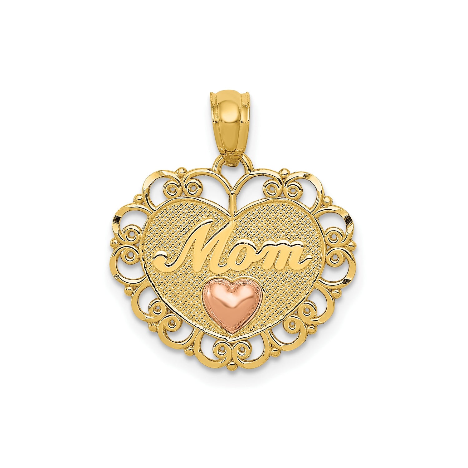 14k Two-Tone Gold Heart Pendant with Rose Gold Accent and Filigree Edge, Mom Charm
