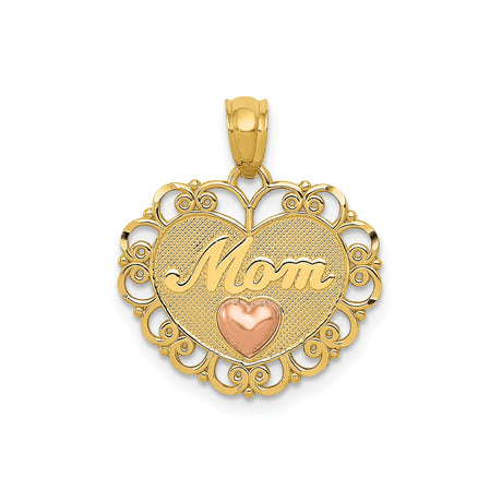 14k Two-Tone Gold Heart Pendant with Rose Gold Accent and Filigree Edge, Mom Charm