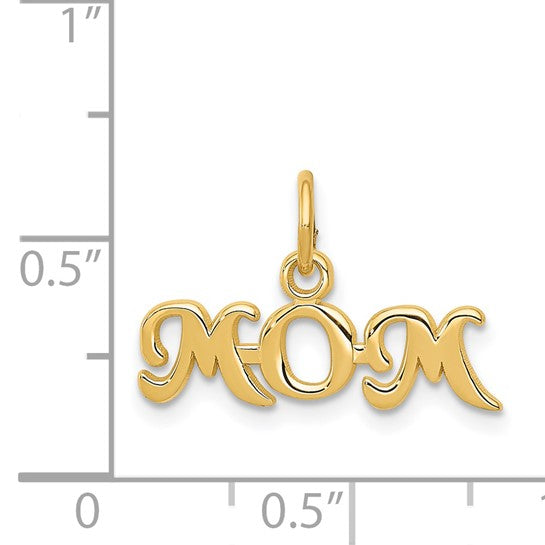 14k Yellow Gold Mom Pendant, Script Handwritten Style Charm Representing Motherhood and Love