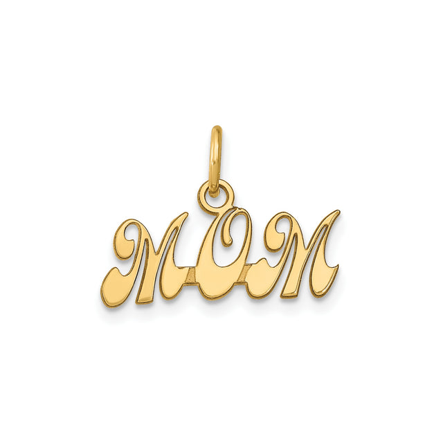 14k Yellow Gold Mom Pendant with Script Lettering, Sentimental Motherhood Charm for Women