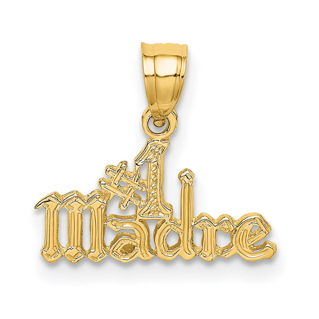 14k Yellow Gold Madre Pendant with Gothic Lettering, Latin-Inspired Charm for Women