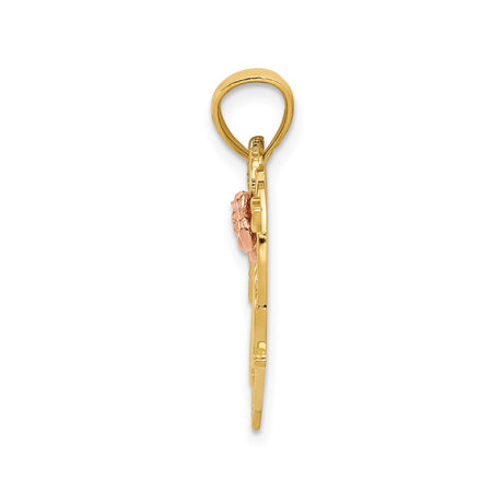 14k Two-Tone Gold Heart Pendant with #1 Mom and Rose Design for Women
