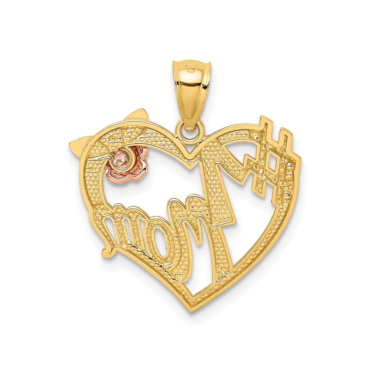 14k Two-Tone Gold Heart Pendant with #1 Mom and Rose Design for Women