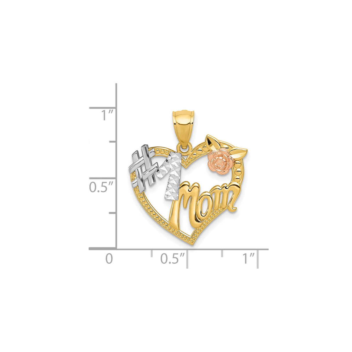 14k Two-Tone Gold Heart Pendant with #1 Mom and Rose Design for Women