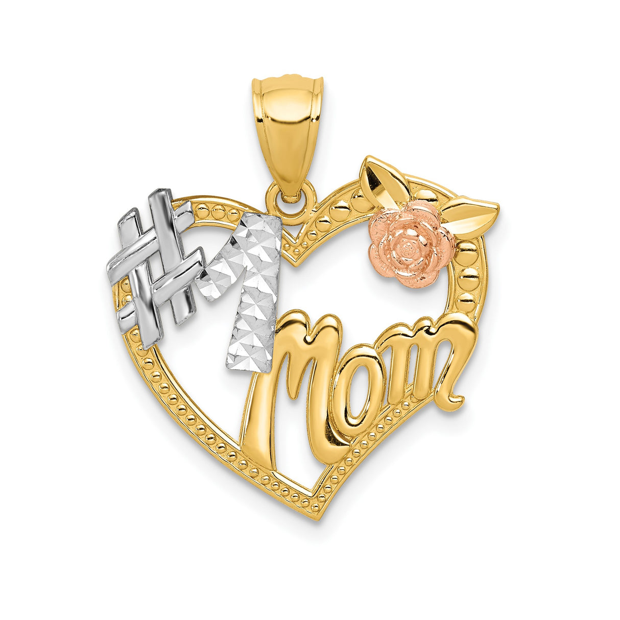 14k Two-Tone Gold Heart Pendant with #1 Mom and Rose Design for Women