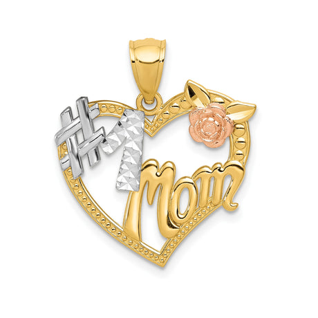 14k Two-Tone Gold Heart Pendant with #1 Mom and Rose Design for Women