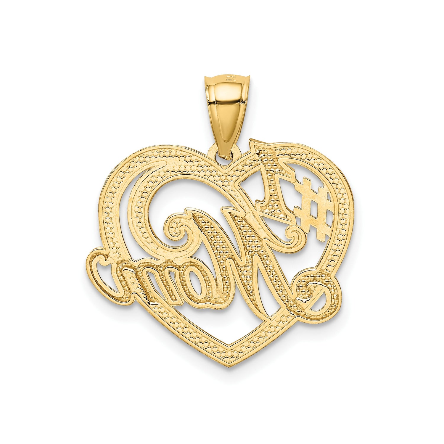 14k Yellow Gold Heart Pendant with Rhodium Accents, Number 1 Mom Script Design