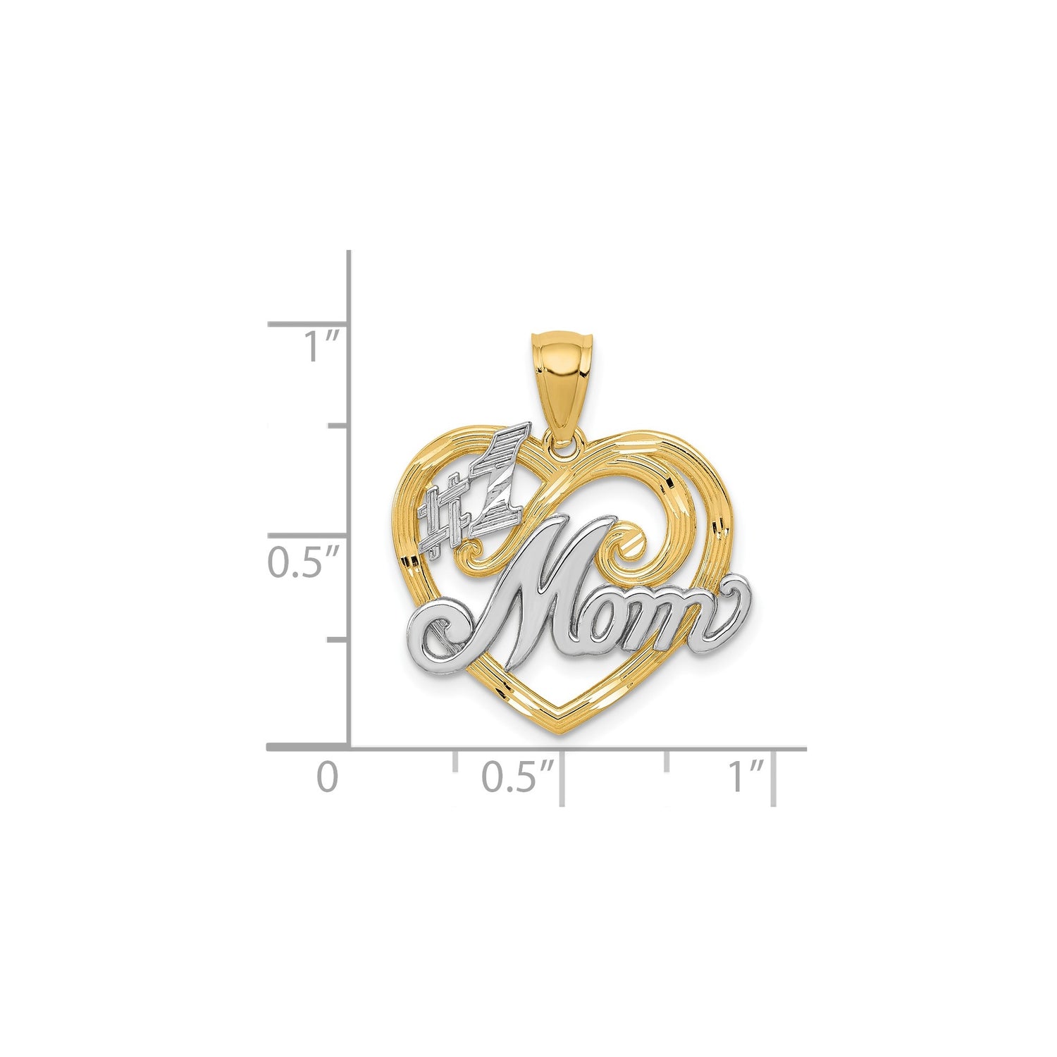 14k Yellow Gold Heart Pendant with Rhodium Accents, Number 1 Mom Script Design