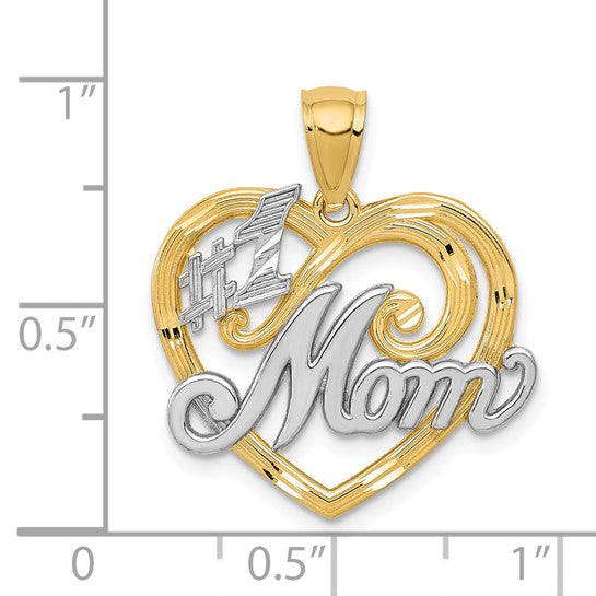 14k Yellow Gold Heart Pendant with Rhodium Accents, Number 1 Mom Script Design