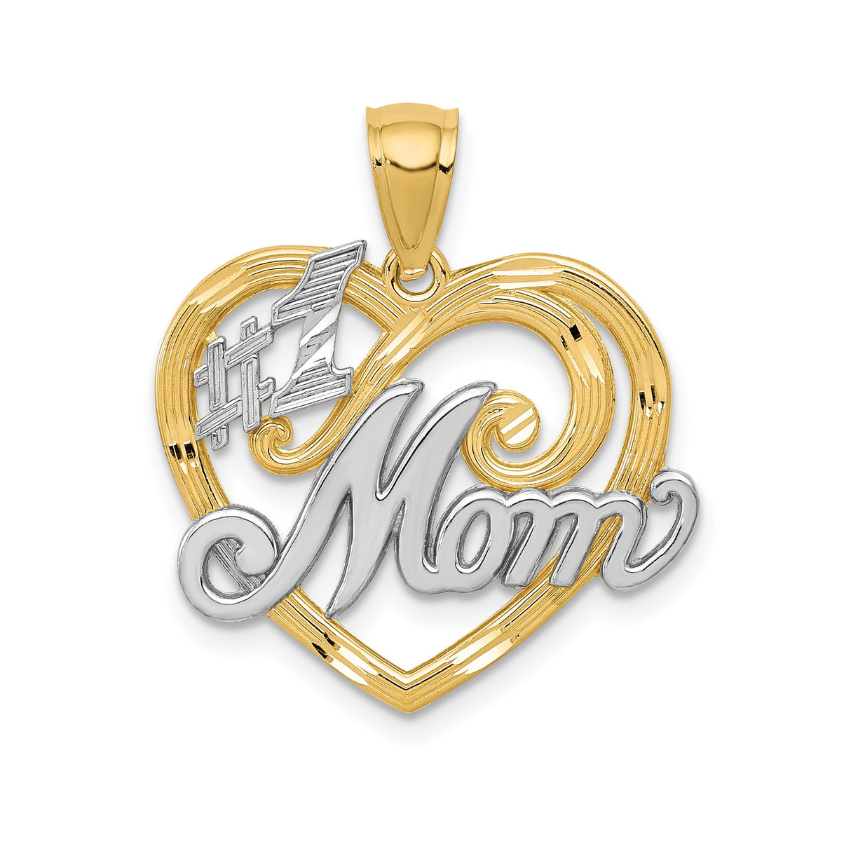 14k Yellow Gold Heart Pendant with Rhodium Accents, Number 1 Mom Script Design