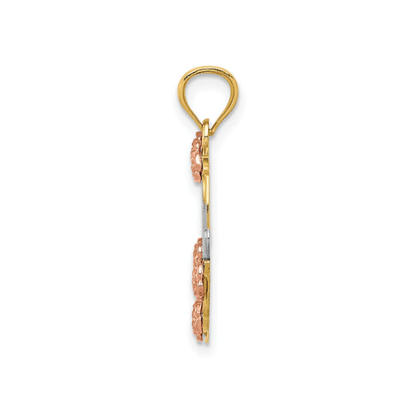 14k Two-Tone Gold Heart Pendant with Mom Script, Rose Flower and Leaf Accents