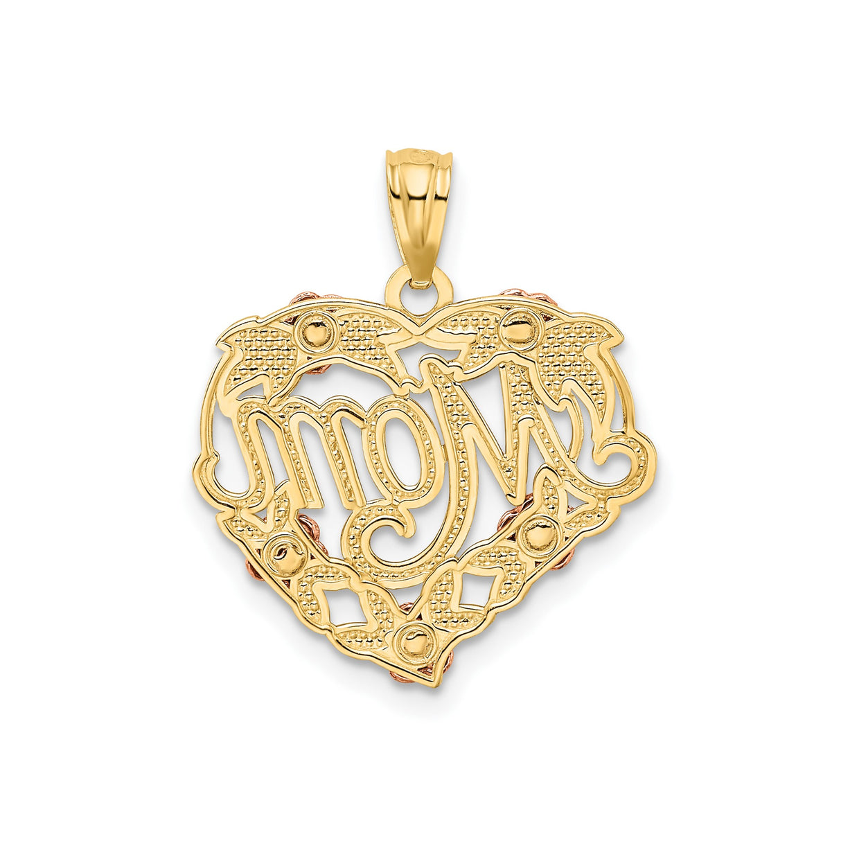 14k Two-Tone Gold Heart Pendant with Mom Script, Rose Flower and Leaf Accents