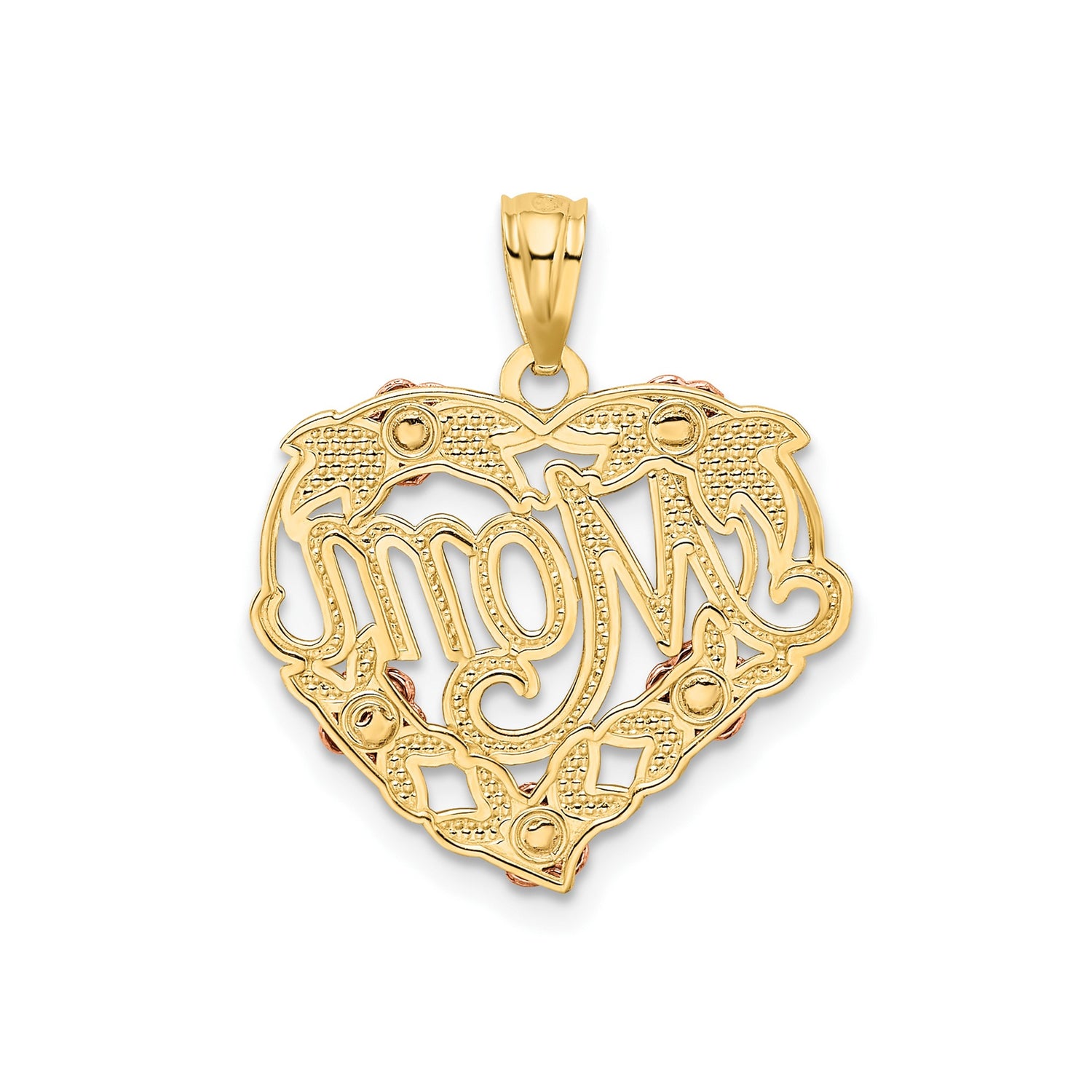 14k Two-Tone Gold Heart Pendant with Mom Script, Rose Flower and Leaf Accents