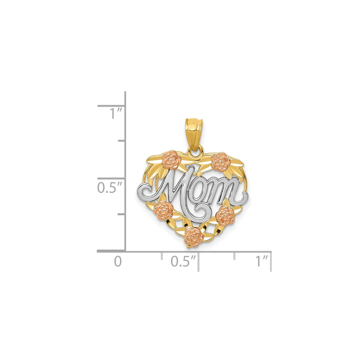 14k Two-Tone Gold Heart Pendant with Mom Script, Rose Flower and Leaf Accents