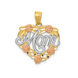 14k Two-Tone Gold Heart Pendant with Mom Script, Rose Flower and Leaf Accents