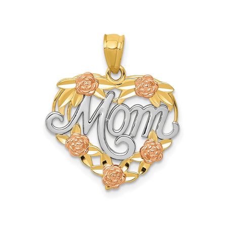 14k Two-Tone Gold Heart Pendant with Mom Script, Rose Flower and Leaf Accents