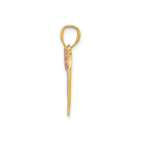 14k Two-Tone Gold Heart Pendant with Mom Script and Butterfly Accent for Women
