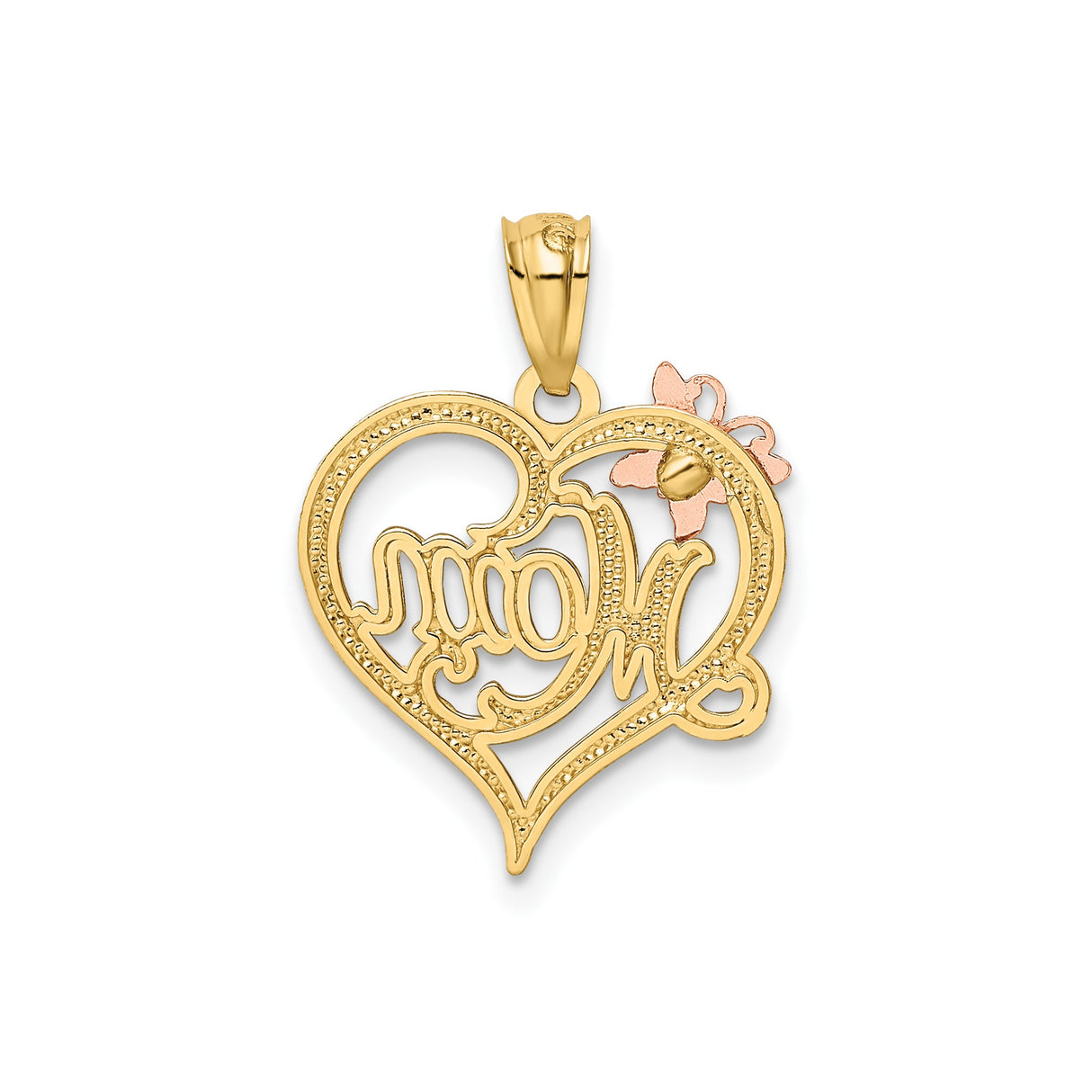 14k Two-Tone Gold Heart Pendant with Mom Script and Butterfly Accent for Women