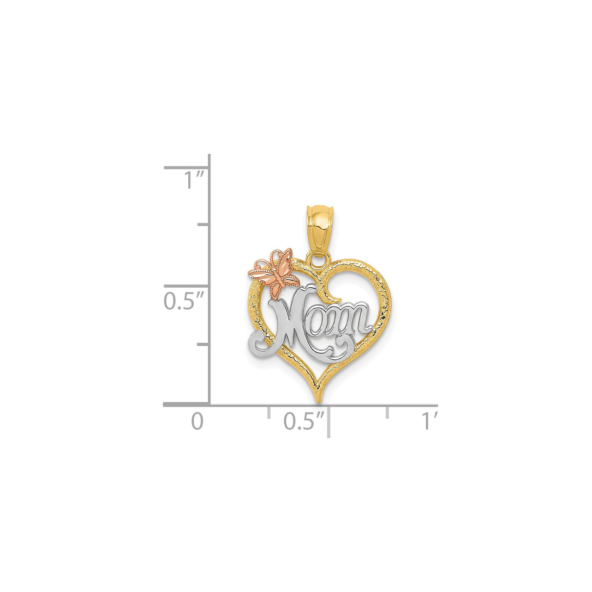 14k Two-Tone Gold Heart Pendant with Mom Script and Butterfly Accent for Women