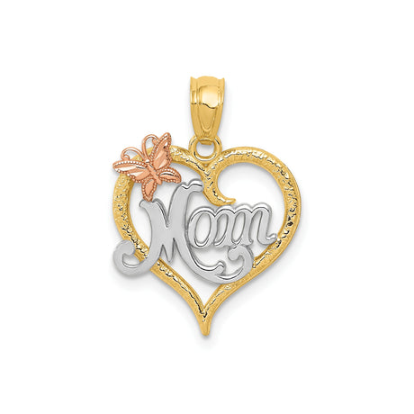 14k Two-Tone Gold Heart Pendant with Mom Script and Butterfly Accent for Women
