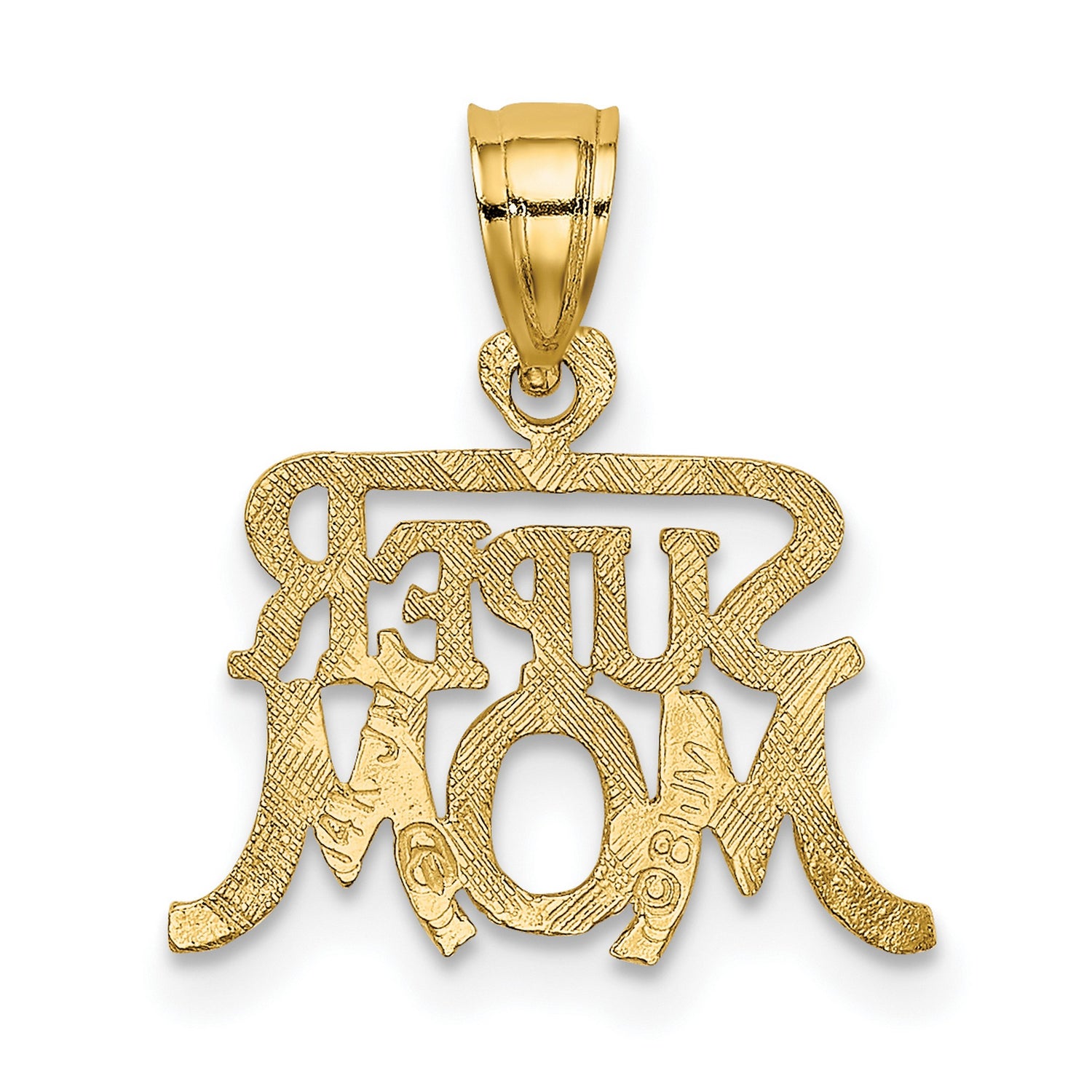14k Yellow Gold Super Mom Pendant, Bold Lettering, Motherhood and Strength Theme for Women