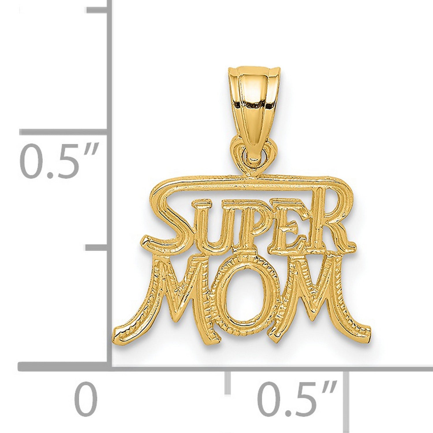 14k Yellow Gold Super Mom Pendant, Bold Lettering, Motherhood and Strength Theme for Women